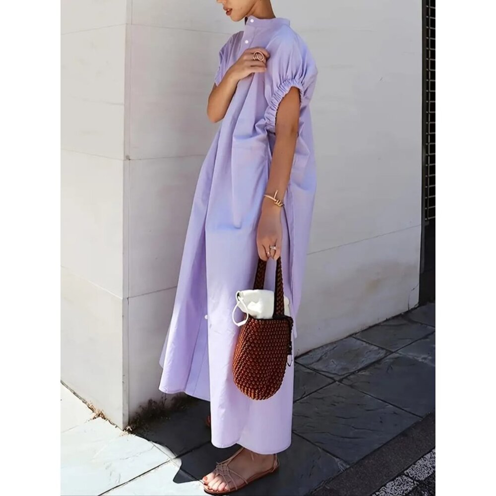 4XL Ruched Sleeve Lavender Button-Down Casual Dress